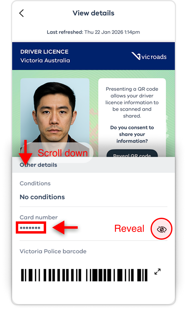 Digital licence indicating where to find card number